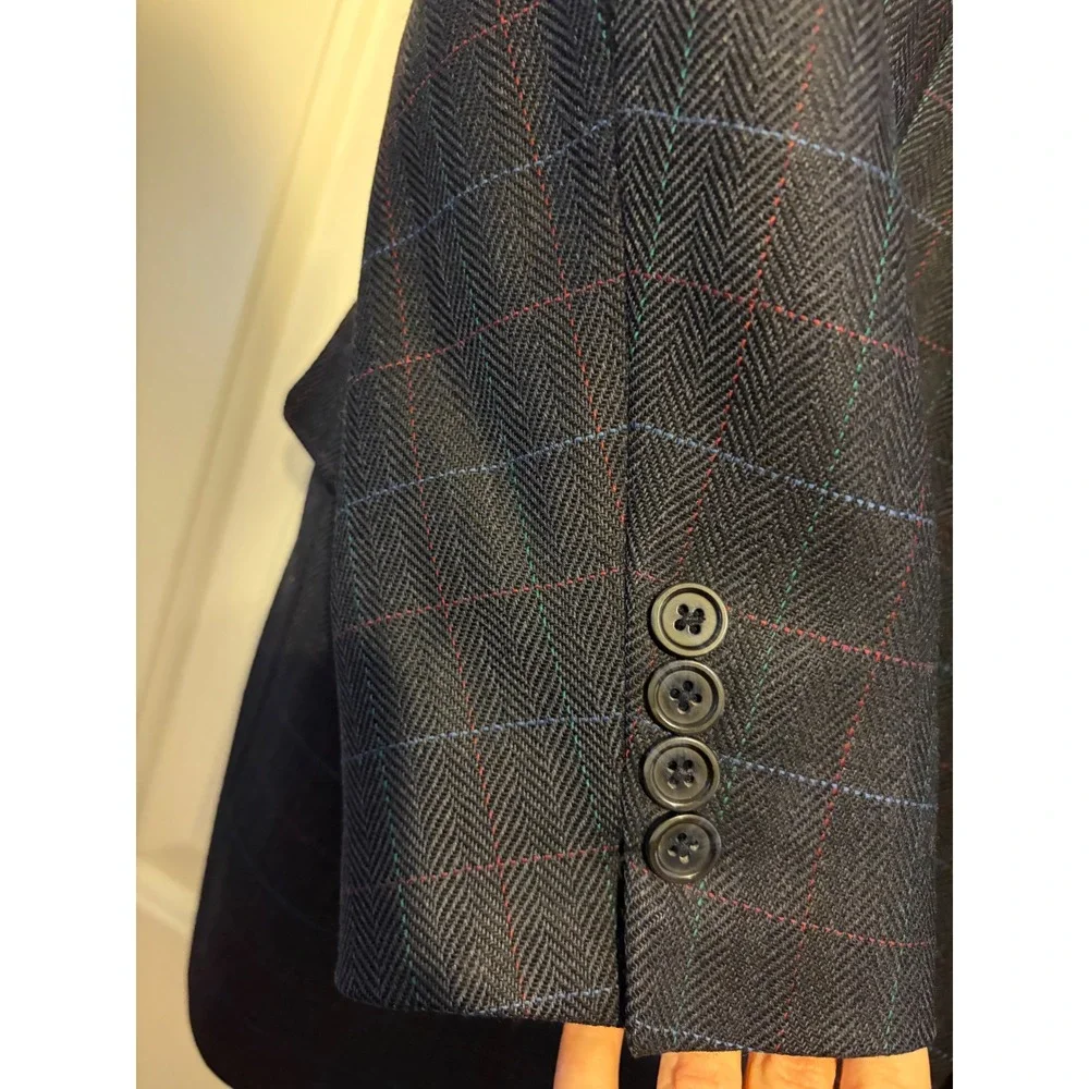 Mens Plaid Blazer Navy Blue Multi Color Check Wool Blend Sport Coat Tailored Fit
